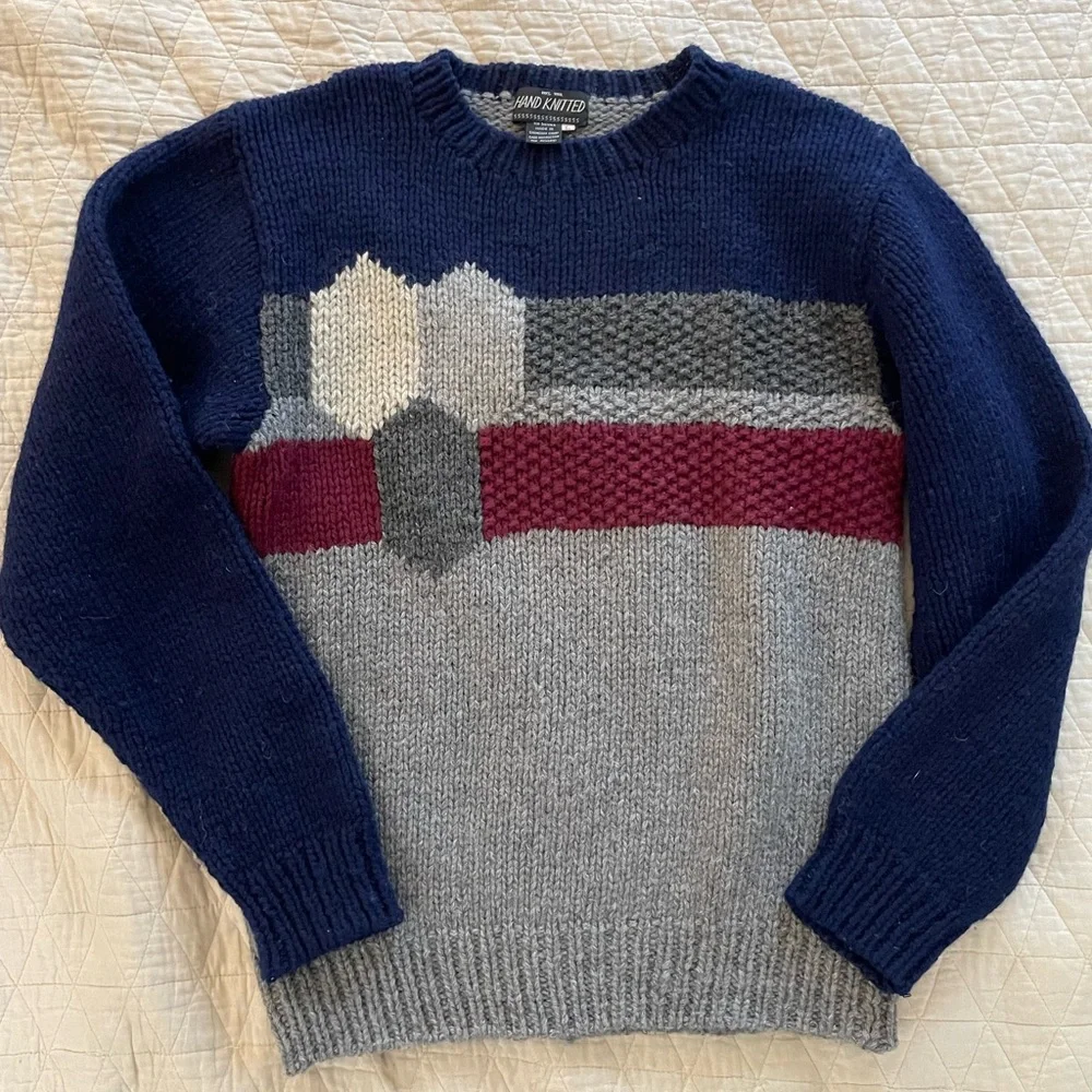 HAND KNITTED Vintage Crew Neck‎ Chunky Color Block Hand Knit Wool Sweater Size L